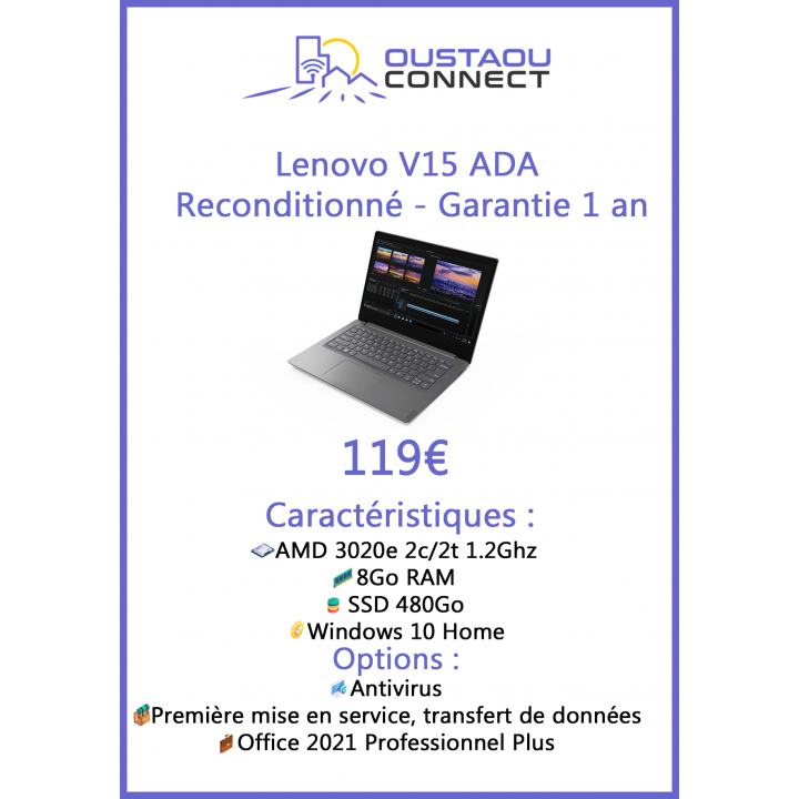 Lenovo V15 ADA - 15,6" | 8 Go RAM | SSD 480 Go