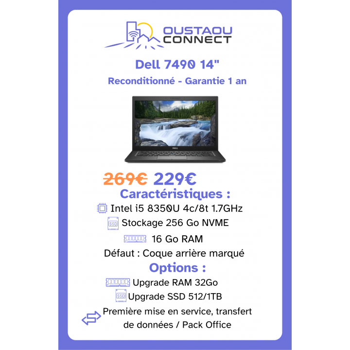 Dell Latitude 7490 14" – i5 8350U | 16 Go RAM | 256 Go NVMe | Reconditionné avec défaut esthétique