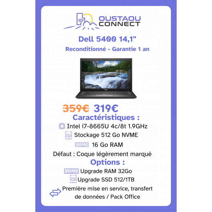 Dell Latitude 5400 14,1" – i7-8665U | 16 Go RAM | 512 Go SSD NVMe | Reconditionné