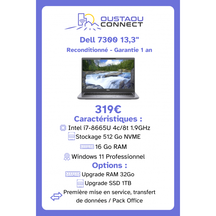 Dell Latitude 7300 13,3" – i7-8665U | 16 Go RAM | 512 Go SSD NVMe | Windows 11 Pro