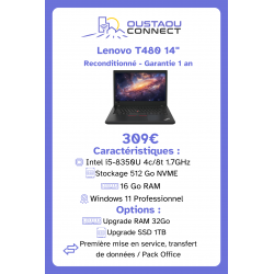 Lenovo ThinkPad T480 14" – i5-8350U | 16 Go RAM | 512 Go SSD NVMe | Windows 11 Pro
