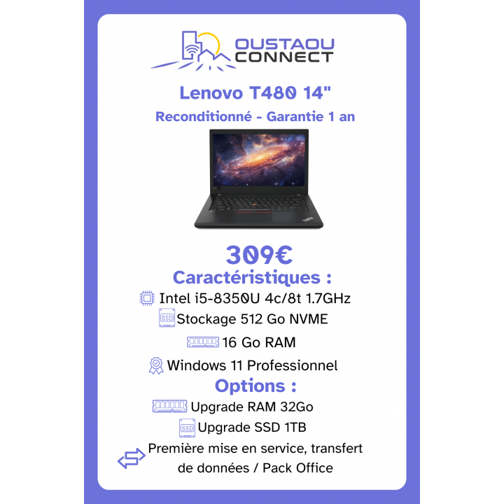 Lenovo ThinkPad T480 14" – i5-8350U | 16 Go RAM | 512 Go SSD NVMe | Windows 11 Pro