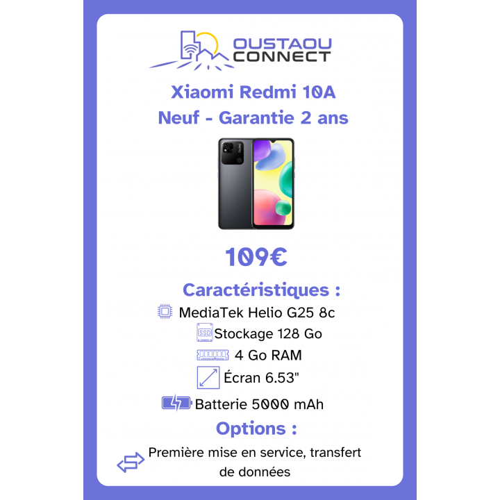 Xiaomi Redmi 10A – 128 Go | 4 Go RAM | Écran 6,53" | Helio G25