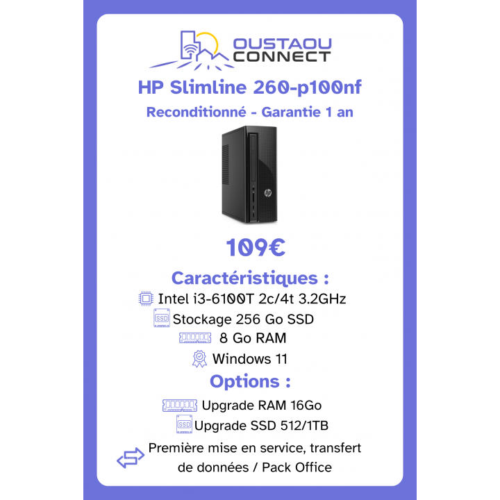 HP Slimline 260-p100nf – i3, 8 Go RAM, SSD 256 Go | Windows 11 | Reconditionné à 109€