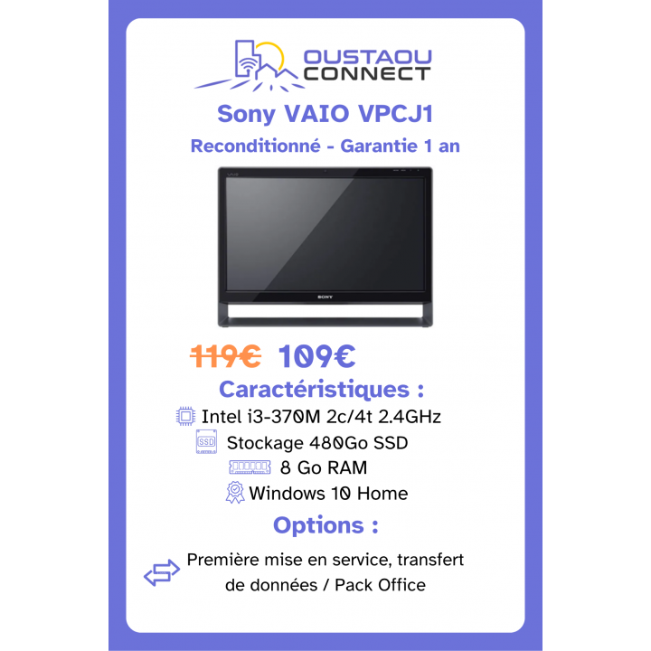 Sony VAIO VPCJ1 - Intel i3, 8 Go RAM, 480 Go SSD - Bon état, Windows 10