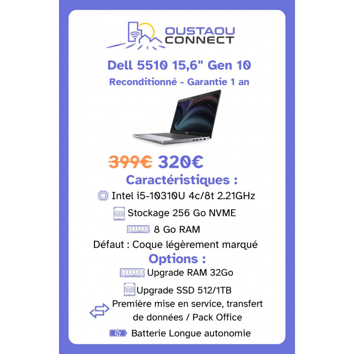 Dell Latitude 5510 15,6" – i5-10310U | 8 Go RAM | 256 Go NVMe | Reconditionné