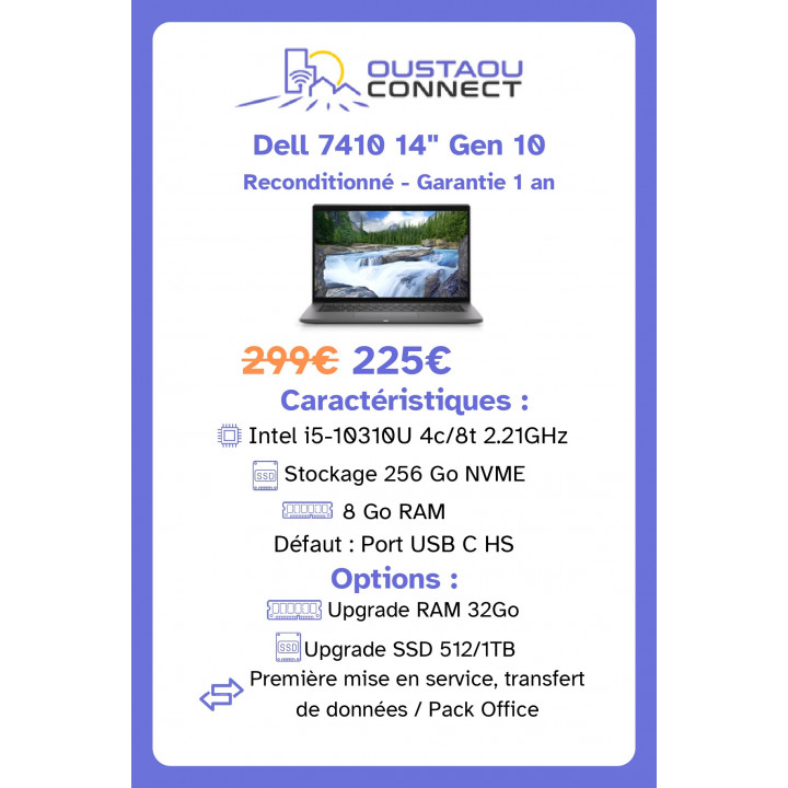 Dell Latitude 7410 14" – i5-10310U | 8 Go RAM | 256 Go NVMe | Reconditionné