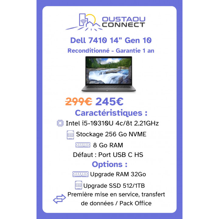 Dell Latitude 7410 14" – i5-10310U | 8 Go RAM | 256 Go NVMe | Reconditionné