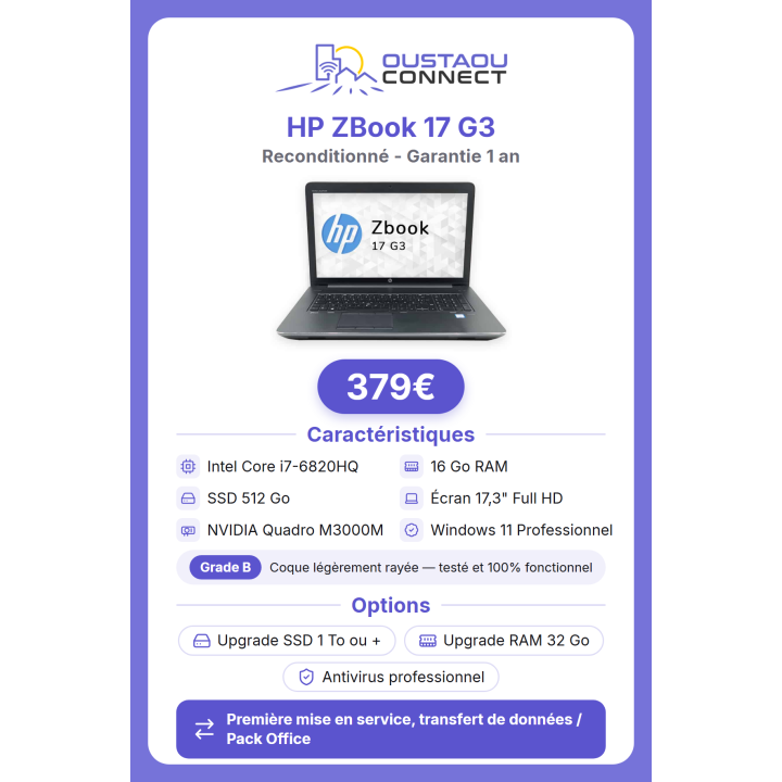 HP ZBook 17 G3 17,3" – i7 | 16 Go | 512 Go SSD | Reconditionné