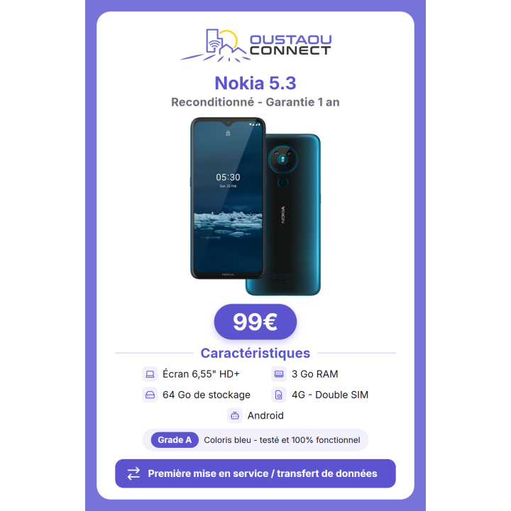 Nokia 5.3 6,55" – 64 Go | 3 Go RAM | Reconditionné