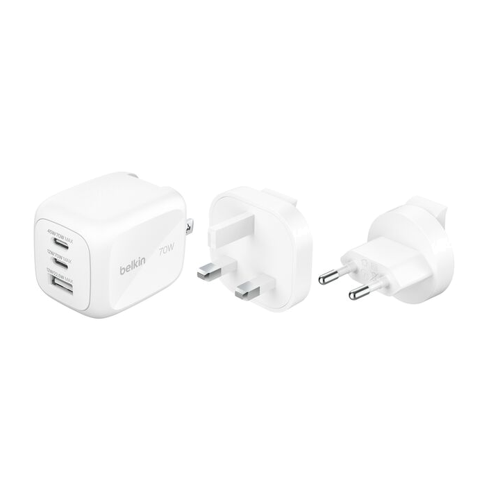 BELKIN Chargeur Secteur GaN 3 Ports 70W Avec Adaptateurs Voyage (Blanc)