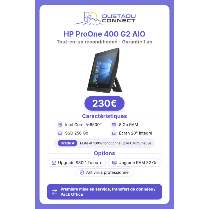 HP ProOne 400 G2 AIO 20" – i5 | 8 Go | 256 Go SSD | Reconditionné