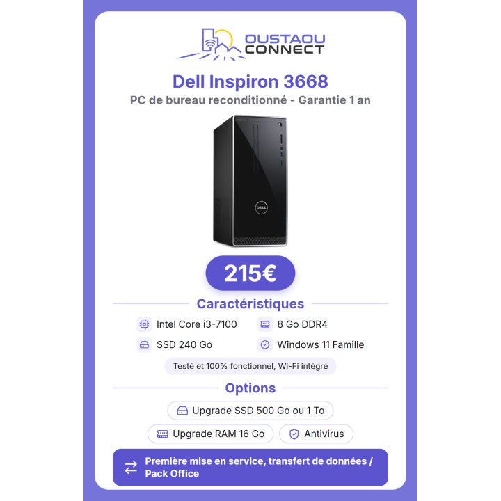 Dell Inspiron 3668 reconditionné : i3, 8 Go, SSD 240 Go, Windows 11