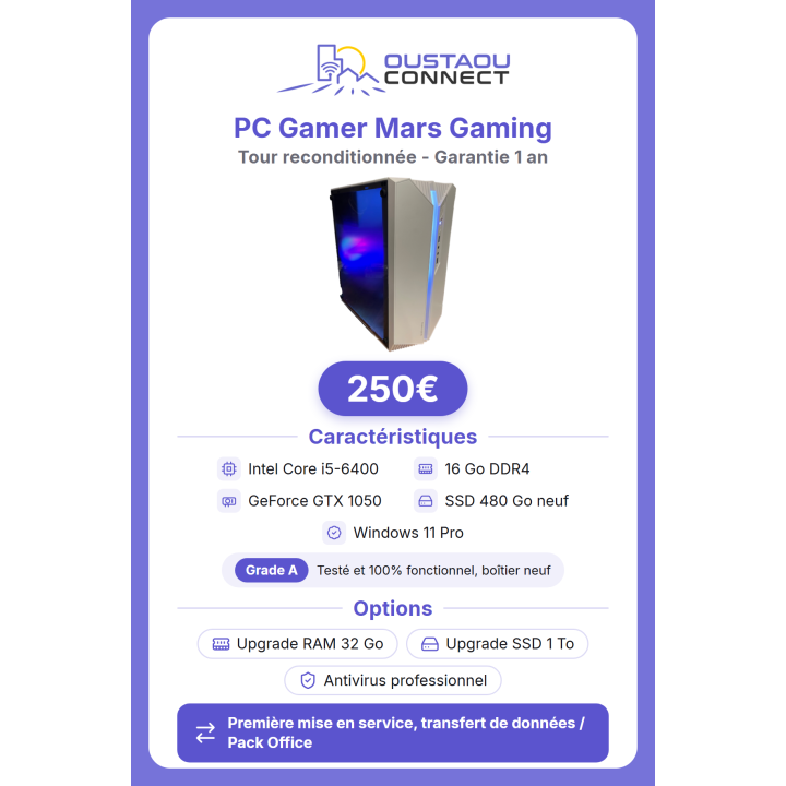 PC Gamer reconditionné : i5-6400, 16 Go, GTX 1050, SSD 480 Go