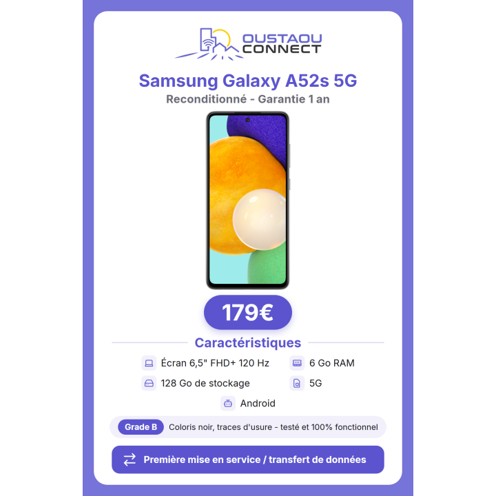 Samsung Galaxy A52s 5G reconditionné : 128 Go, 6 Go RAM, grade B