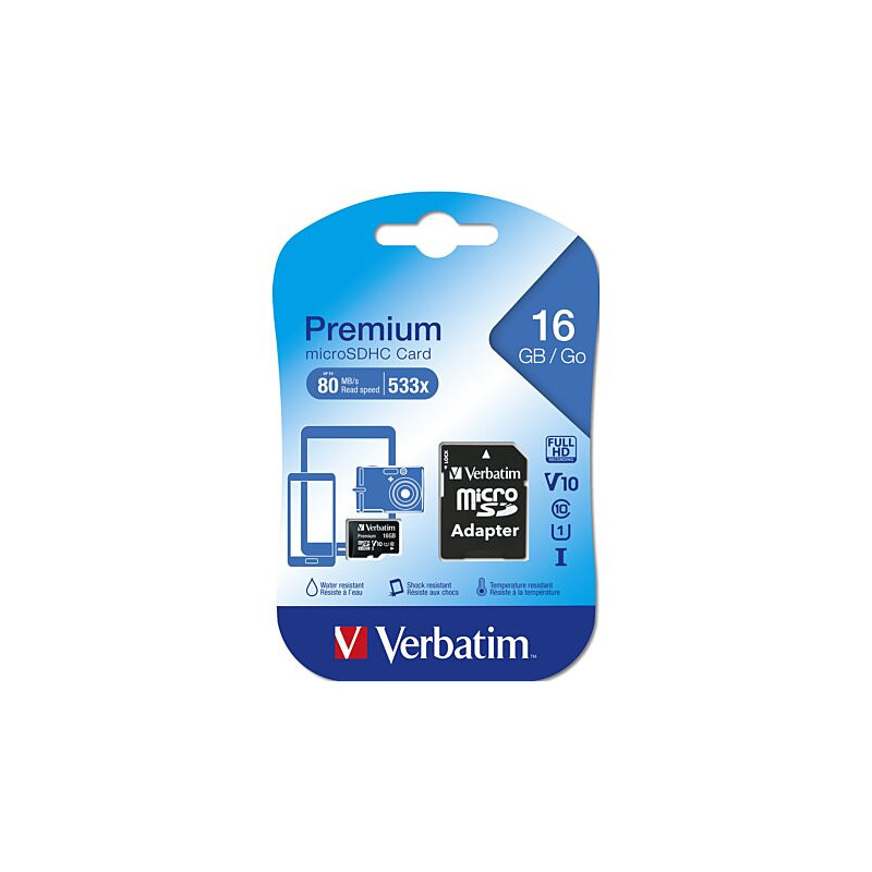 Carte mémoire 16Go Micro SD Verbatim Premium avec adaptateur