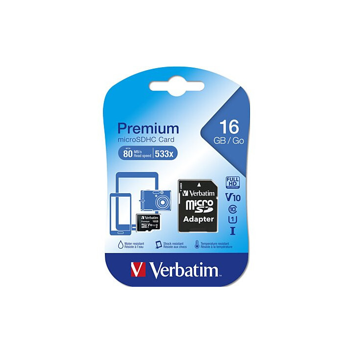 Carte mémoire 16Go Micro SD Verbatim Premium avec adaptateur